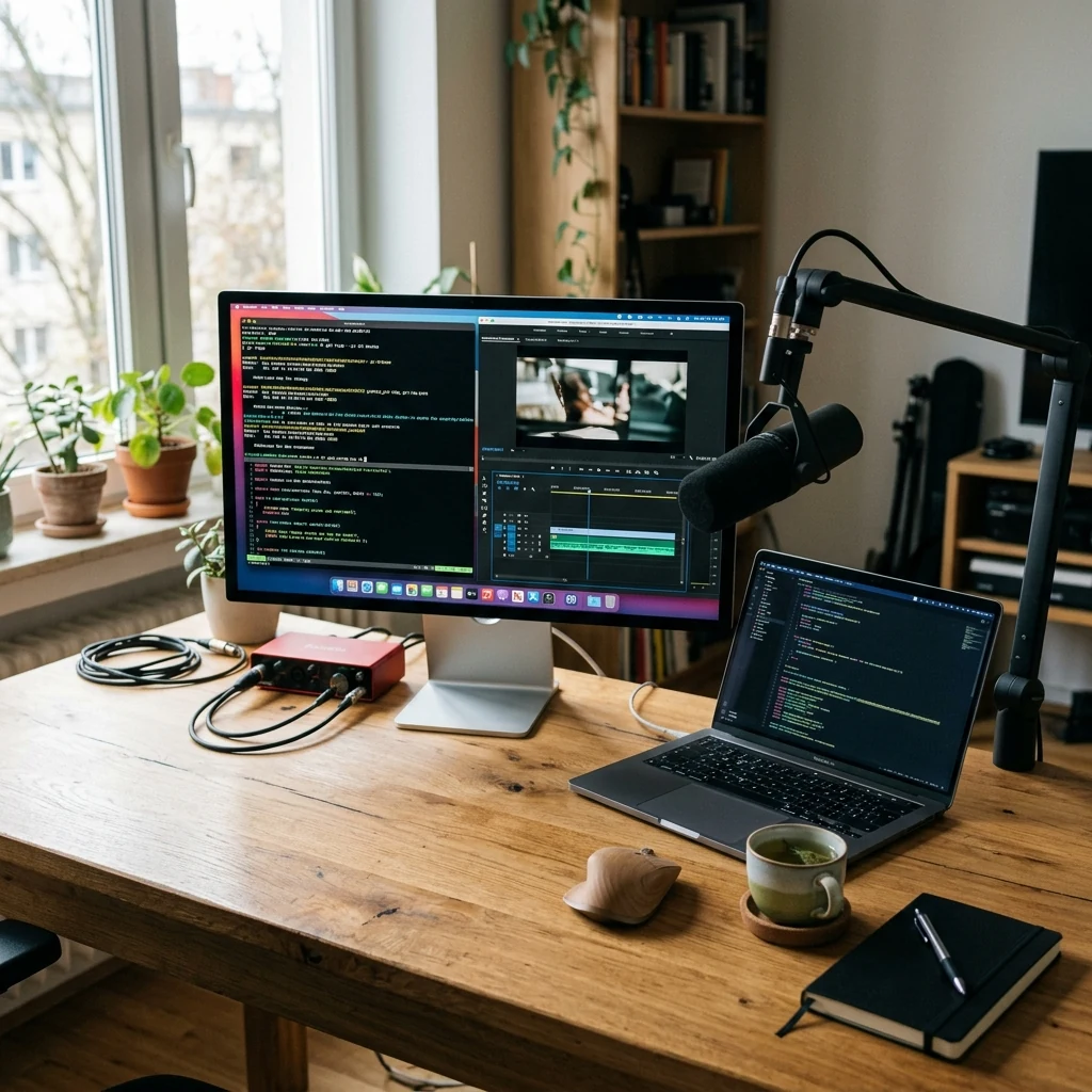 Không gian làm việc tối giản kết hợp Studio Display và MacBook Pro vận hành Claude AI